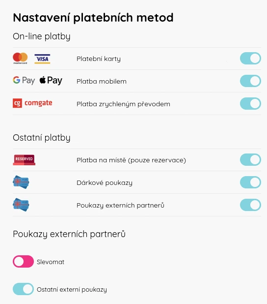 Nastavení platebních metod – Mastercard, Visa, Apple Pay, Google Pay, Comgate